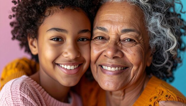 Fotograf&iacute;a Familiar: Nieta Adolescente, Abuela Adulta Mayor, Conexi&oacute;n Generacional, Sonrisas, Interior, Luz Natural, Abrazando, Mirando a la C&aacute;mara