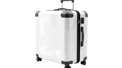 A modern white travel suitcase with visible wheels and handle, isolated on white background