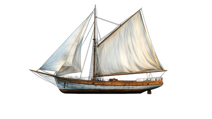 Obraz premium Classic sailboat with a bright white sail and clean wooden frame isolated on white background