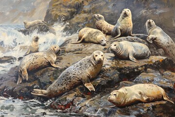 Fototapeta premium A group of harbor seals relax and play on a rocky shore, basking in the sunlight, A group of playful seals lounging on a rocky shore
