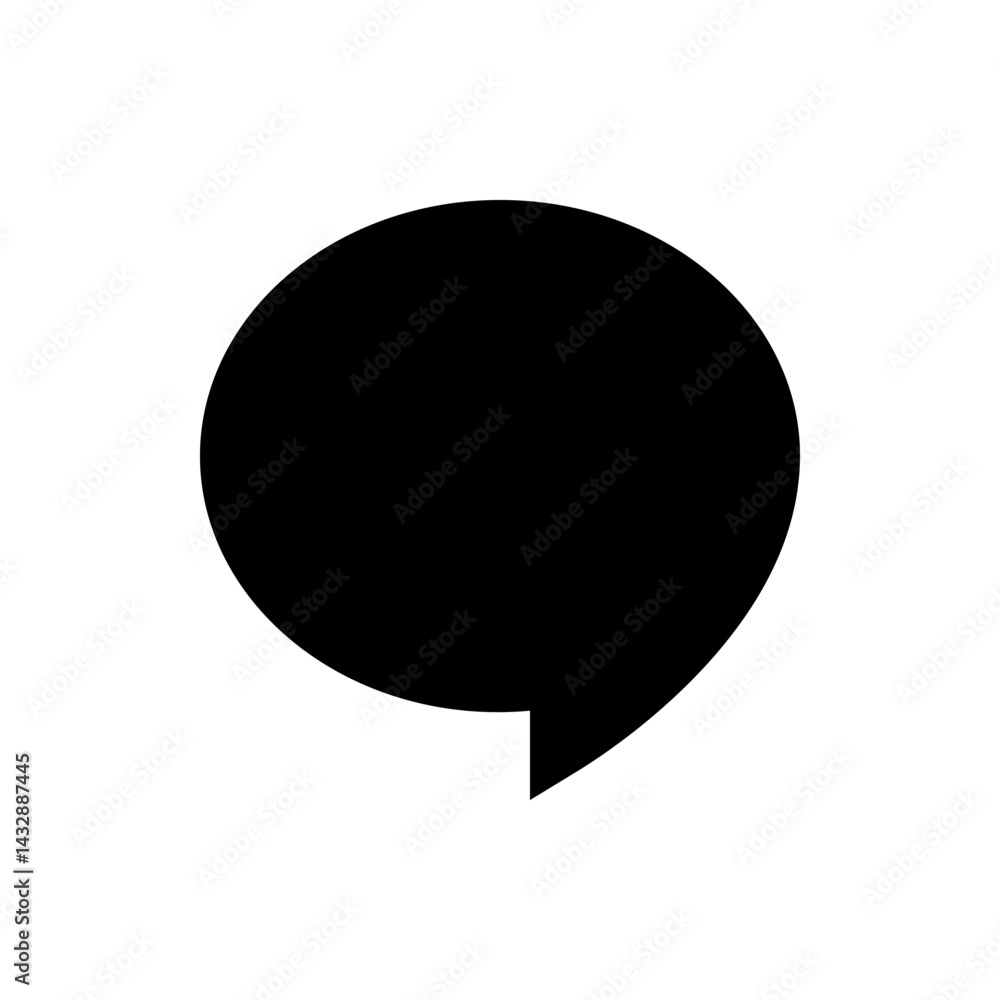 Poster illustration of a solid black speech bubble with rounded edges on a white background in a simple sty