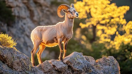 Obraz premium A majestic male bighorn sheep stands proudly atop a rocky outcrop, illuminated by golden sunlight filtering through trees.