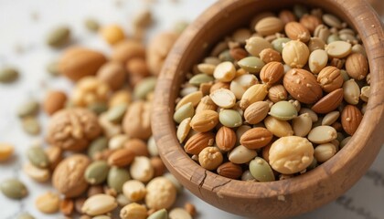 mixed nuts in wooden bowl