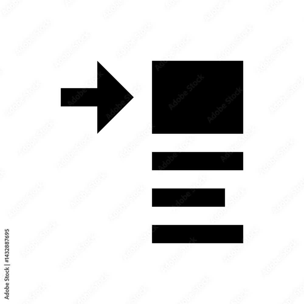Poster black arrow pointing right with a column of four horizontal bars on a white background design elemen