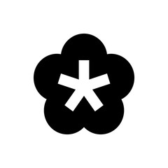 Black flower shape with rounded petals and a white asterisk symbol in the center of the flower design
