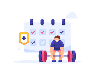 illustration of a man trying to lift a barbell and a calendar. fitness schedule concept, consistent for exercise and weight lifting. gym agenda. consistency and lifestyle. flat style design. elements