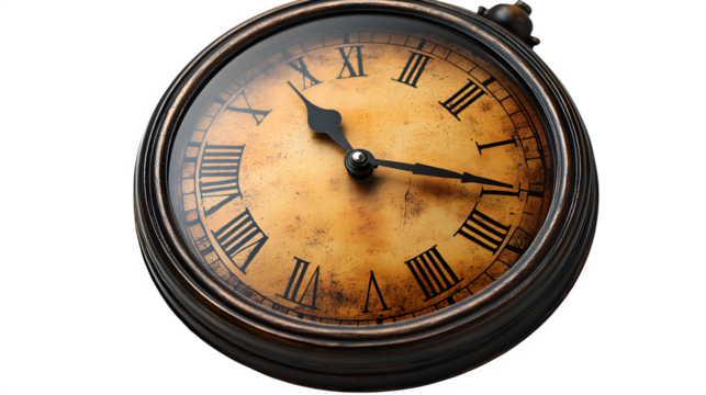 Classic wall-mounted clock with roman numerals and vintage feel, isolated on white background