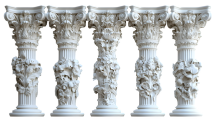 Classical architectural columns with fluted design and base isolated on white background