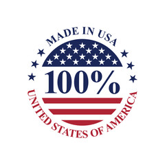 100% made in usa stamp circle vector design with united states flag element, national product label	