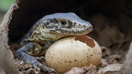 Naklejka premium A monitor lizard hatching from an oval egg