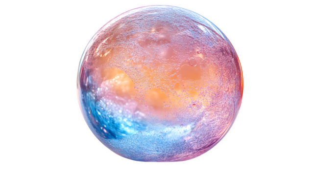 Close-up of a floating soap bubble with colorful reflections, isolated on white background