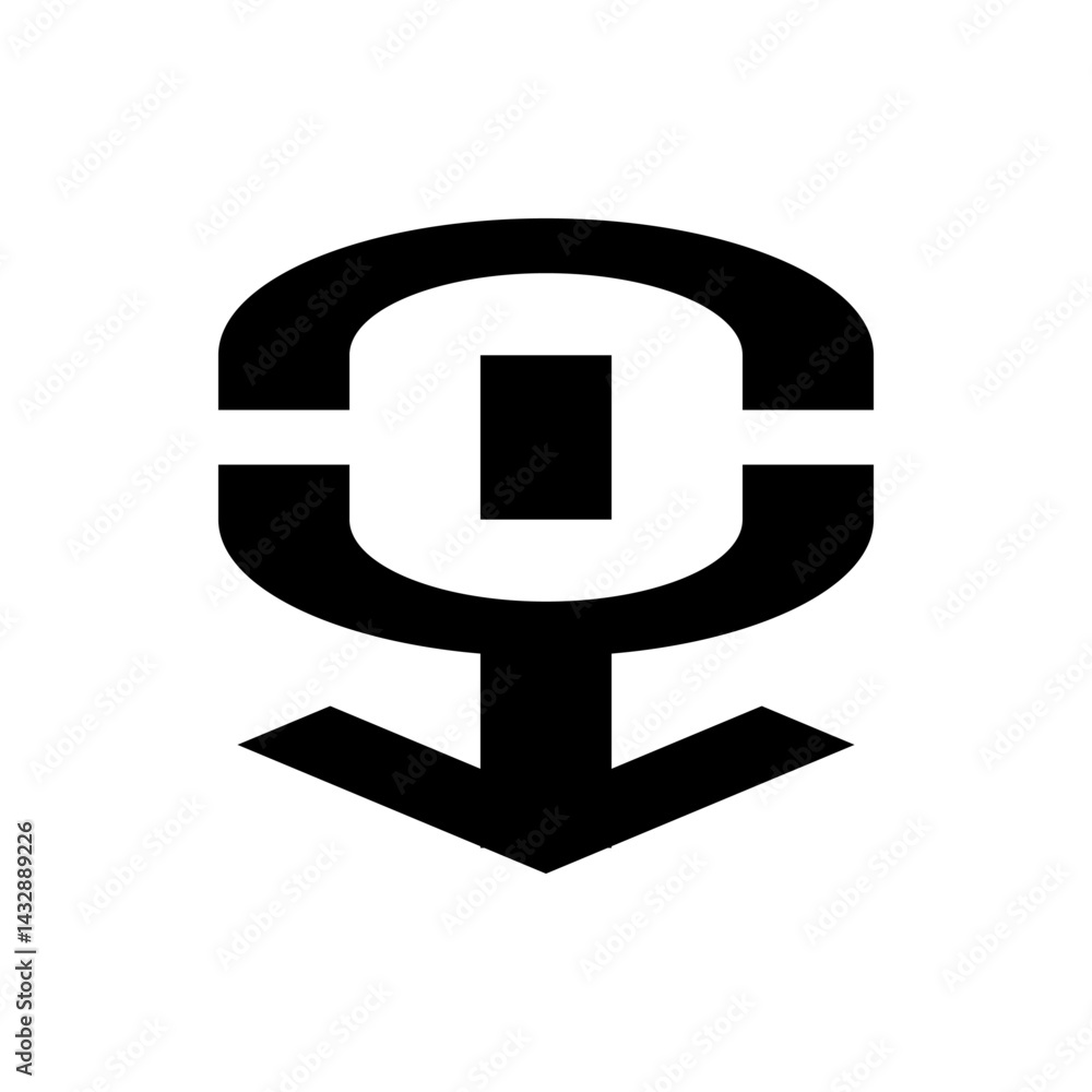 Poster Black graphic of a chain link with a small rectangle inside and an arrow pointing down below it all