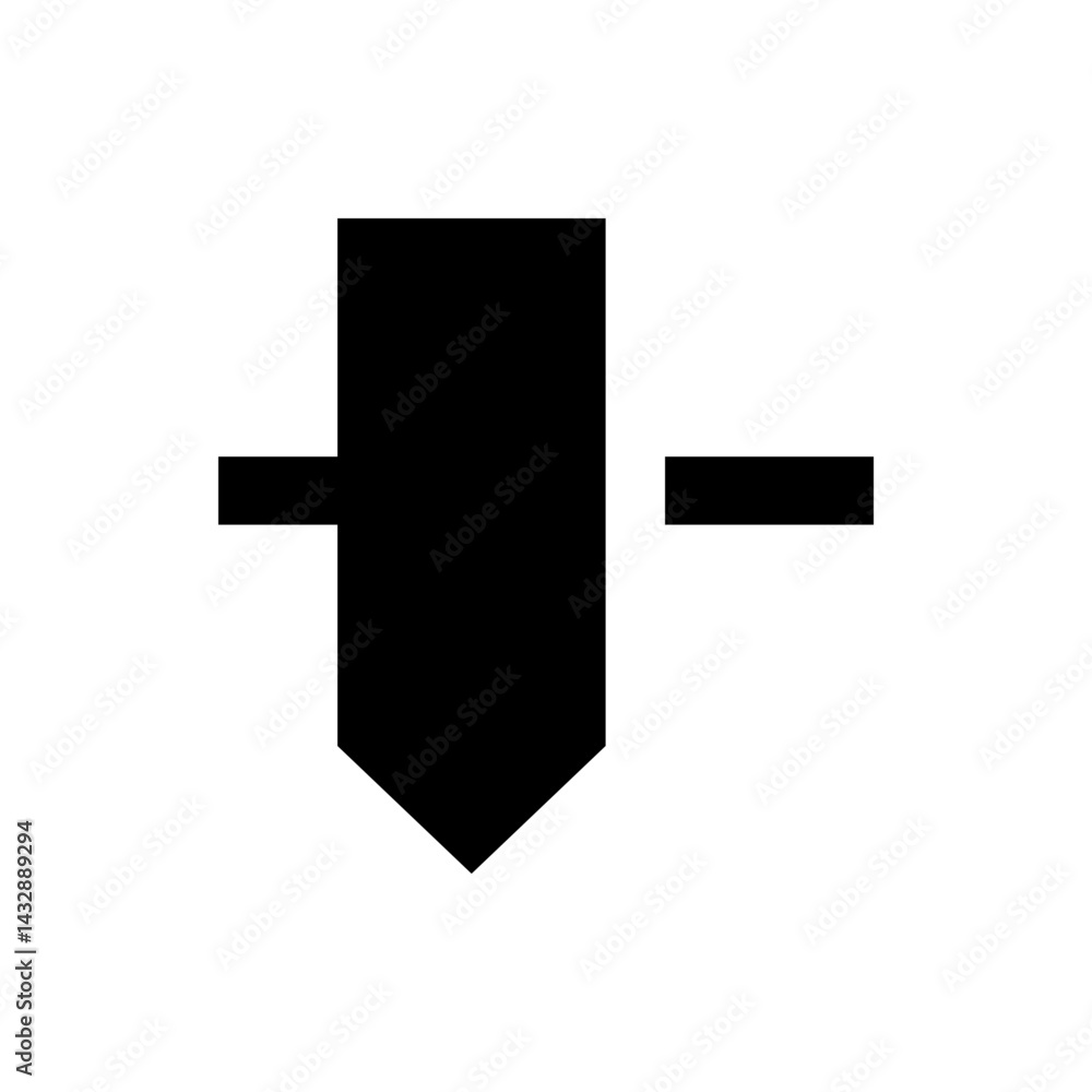 Poster a black arrow pointing downward with two horizontal rectangles on either side on a white background 