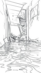 Black and white sketch of a flooded and damaged hallway with debris and broken walls after disaster