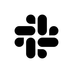 Abstract black and white design featuring rounded shapes arranged in a symmetrical, clover like pattern