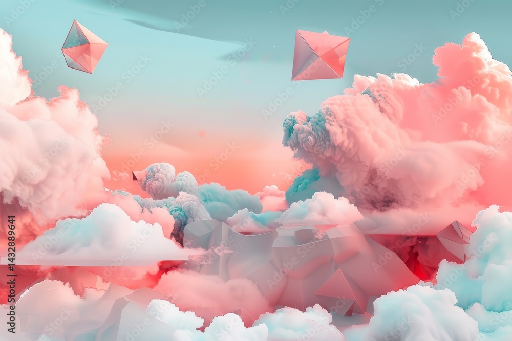 Poster a surreal dreamscape with pink clouds and floating geometric shapes, a surreal scene with pink cloud
