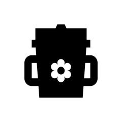 Black sippy cup with handles and a flower design in the center, isolated on a white background view