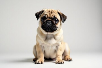 Obraz premium Adorable pug dog sitting, looking directly at camera, fawn, white background, isolated background