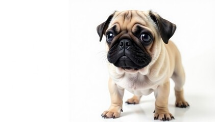 Obraz premium Adorable pug dog, isolated on white background, wrinkles, relaxed