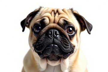Fototapeta premium Adorable pug dog, isolated on pure white background, black, cute, portrait