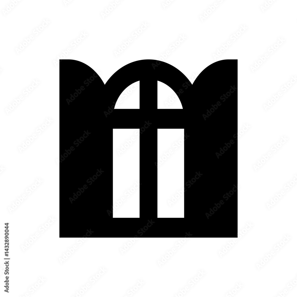 Poster illustration of a window with an arched top and a cross shaped frame in black and white simple desig