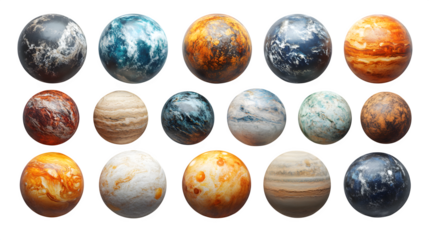 A stylised collection of planets with detailed textures, realistic space design, isolated on white background