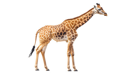 Naklejka premium A tall giraffe standing upright with gentle posture, isolated on white background
