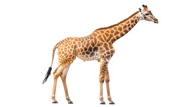 A tall giraffe standing upright with gentle posture, isolated on white background