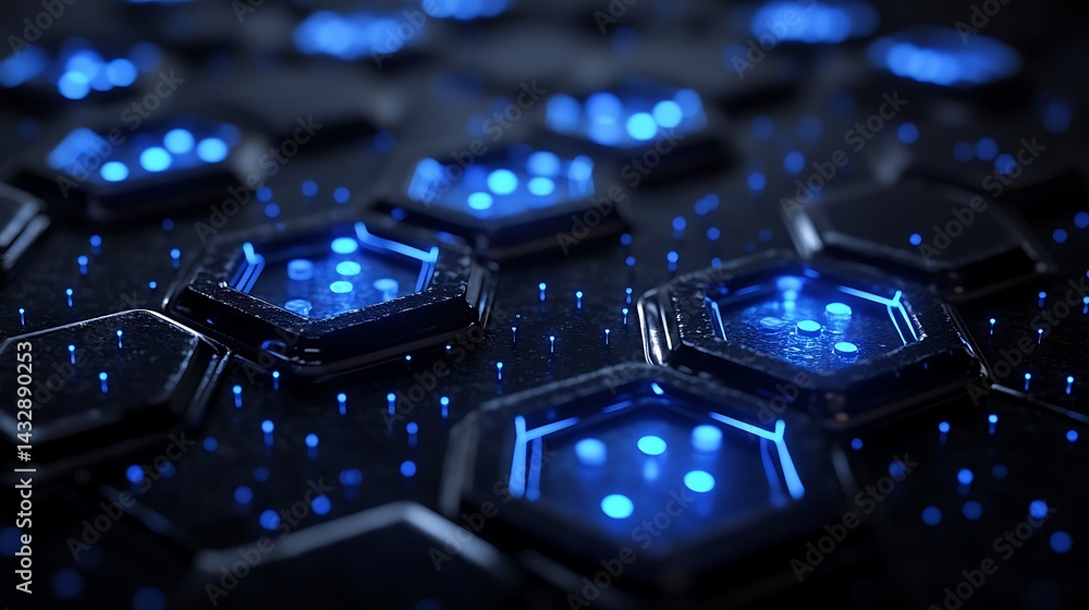 Poster futuristic hexagonal digital pattern, futuristic digital hexagonal pattern with glowing blue lights 