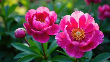 Fototapeta premium Bold, oversized peonies in vibrant hues, lush leaves , flower, surface pattern, lush