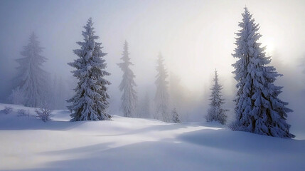 Obraz premium Serene Winter Landscape SnowCovered Pines in Misty Sunlight