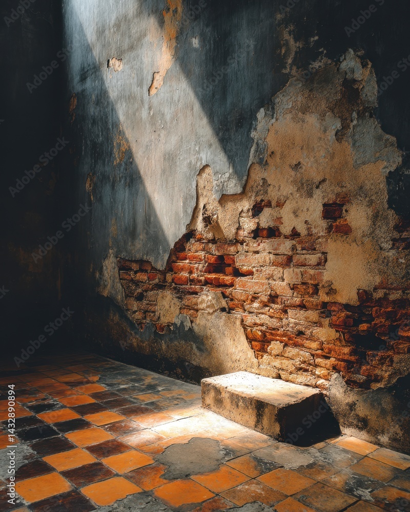 Poster sunlight piercing through the abandoned room revealing the textured wall and tiled floor creating a 