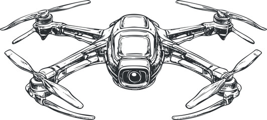 Black and white sketch illustration of a quadcopter drone with four propellers and a front camera © vadymstock