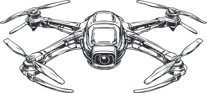 Black and white sketch illustration of a quadcopter drone with four propellers and a front camera