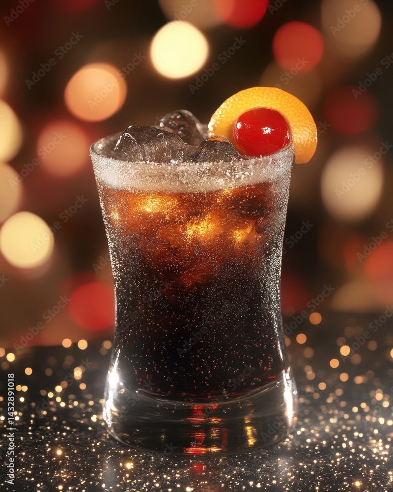 Poster refreshing cola cocktail with ice cubes and cherry garnish on a sparkling surface against a blurred 