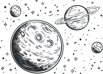 Black and white hand-drawn illustration of planets and stars in outer space showing craters and planetary rings © vadymstock