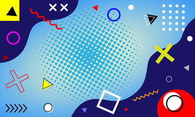 Obraz premium Blue abstract geometric halftone background with gradient colors and memphis shapes