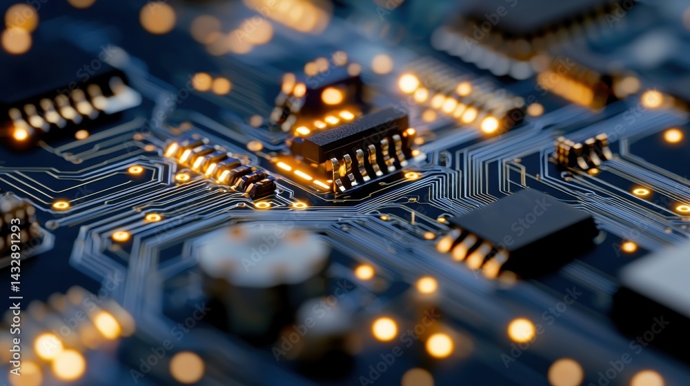 Poster a close-up view of a circuit board with numerous small electronic components illuminated by bright o