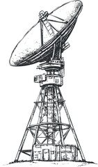 Black and white sketch of a satellite dish antenna used for communication and signal transmission