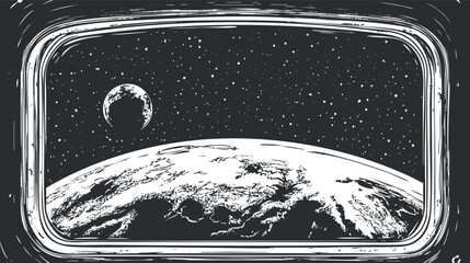 Black and white illustration of Earth and Moon viewed from a spaceship window in outer space © vadymstock
