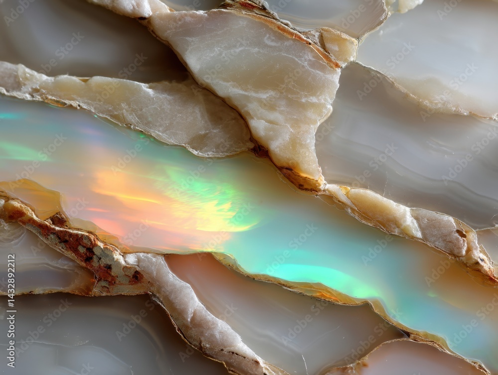 Poster opalescent agate stone texture with iridescent colors and flowing lines creating a mesmerizing abstr