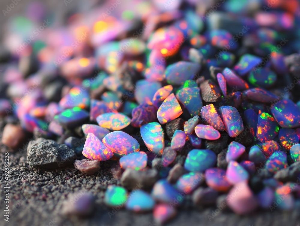 Poster captivating close up of vibrant opals displaying a kaleidoscope of colors on a textured surface, a s