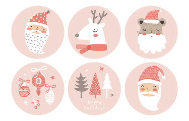 Cute Winter Holidays Vector Tags with Funny White Reindeer, Santa Claus and Baubles, Christmas Trees Isolated on a Pastel Pink Background. Childish Style Hand Drawn Christmas Stickers.