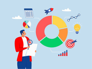 businessman with magnifying glass analyzing pie chart data.Analyze data, financial research analytics, data analysis, chart and graph or diagram, database report vector.