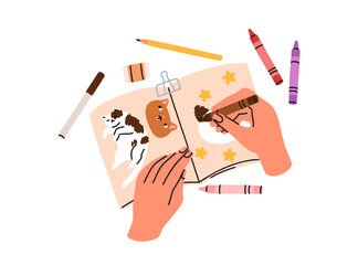 Hands drawing in sketchbook, notebook. Paper diary, creative notepad, oil pastel pencils. Artist at sketch book, album pages with cute cats. Flat vector illustration isolated on white background