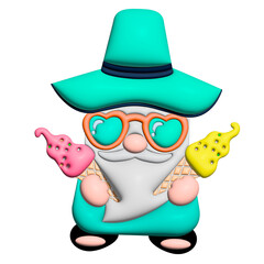 3 d render of a cute cartoon character with a big sunglasses and a big pink hat, a blue scarf and an glasses, with an ice cream