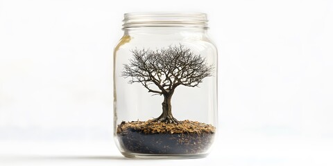 Leafless oak tree in a glass jar, on a white background