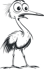 Black and white cartoon illustration of a funny bird with big eyes and a long beak standing upright.