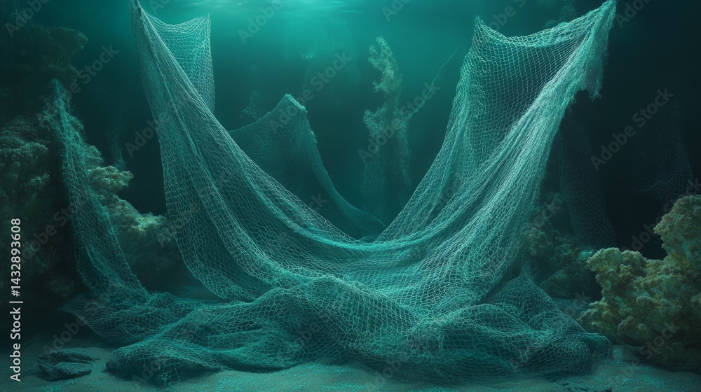 Poster underwater scene with flowing fabric or netting and muted teal lighting.