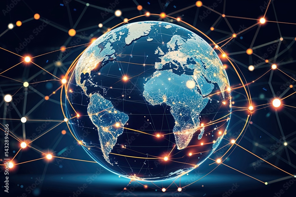 Poster interactive global vector globe integrated with worldwide connectivity network